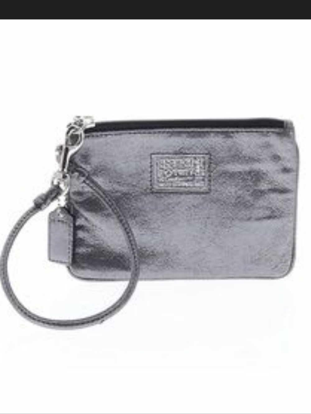 COACH Poppy Gunmetal Metallic Shimmer Wristlet Wallet Bag Silver Logo Patch